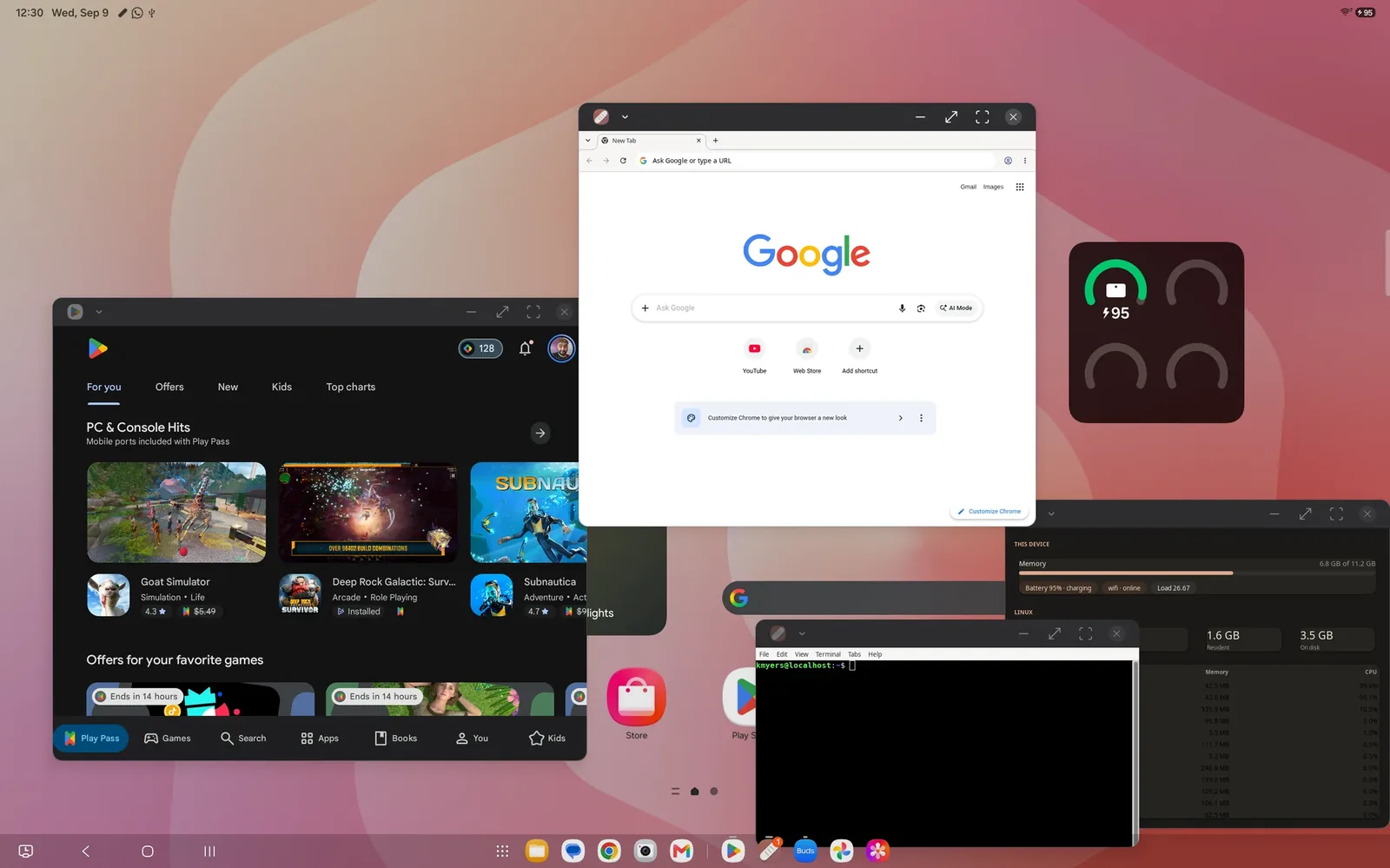 The Google Play Store beside Chrome, System Monitor and a terminal from Linux, each in its own window on a Samsung tablet