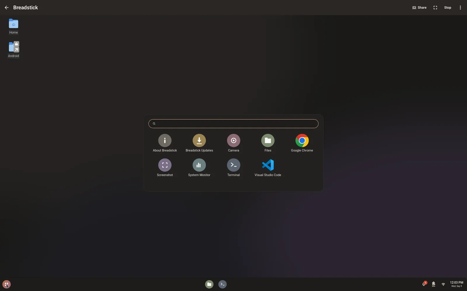 Breadstick's Linux desktop with its app launcher open, listing Google Chrome, Visual Studio Code, Terminal, System Monitor and Breadstick's own apps
