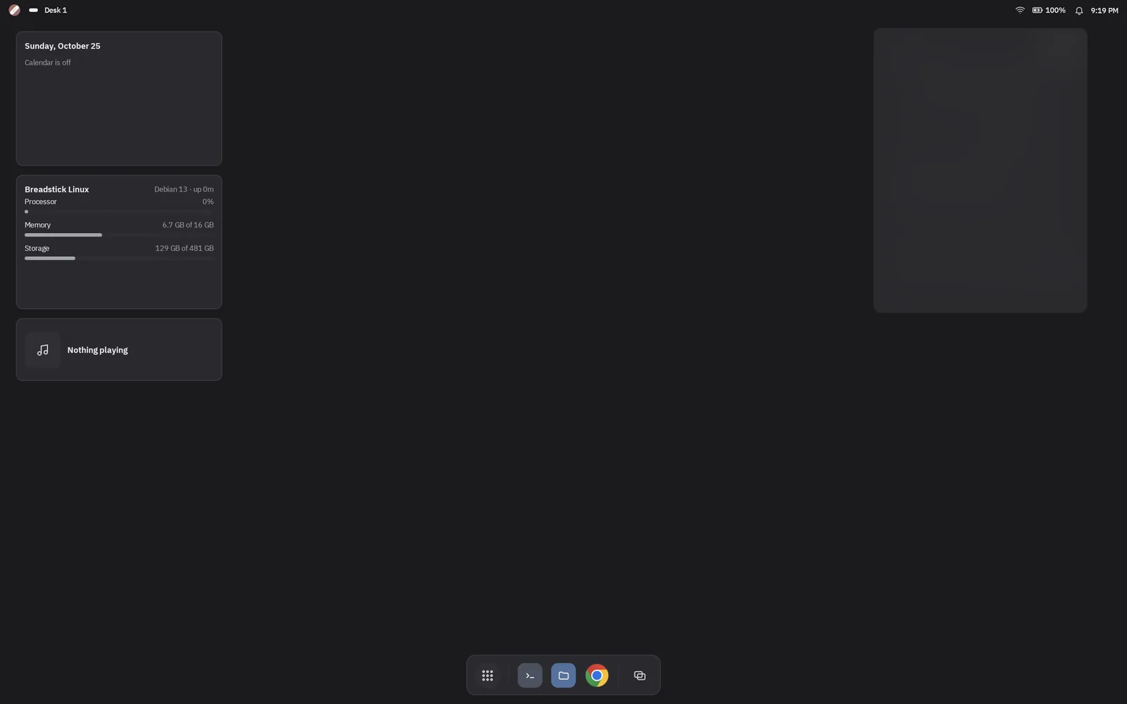 The Enhanced Desktop in dark mode on a Googlebook, with Breadstick's Agenda, Linux and Now playing widgets beside an Android calendar widget, covered for privacy