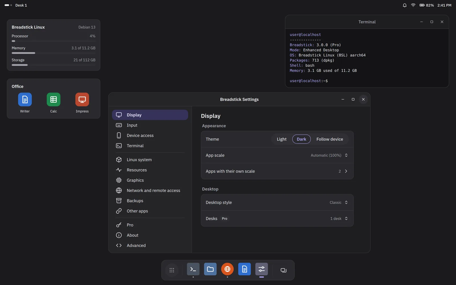 An early design of Breadstick 3.0's Enhanced Desktop in dark mode: a terminal, Breadstick Settings with its list of pages, two widgets and a dock