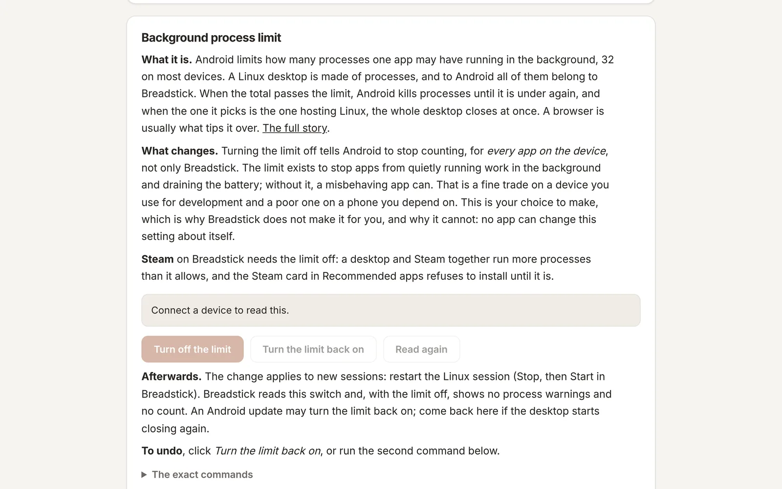 The Breadstick Tools page in a browser: the Background process limit card with its state, Turn off and Turn on buttons, and the exact adb commands it runs