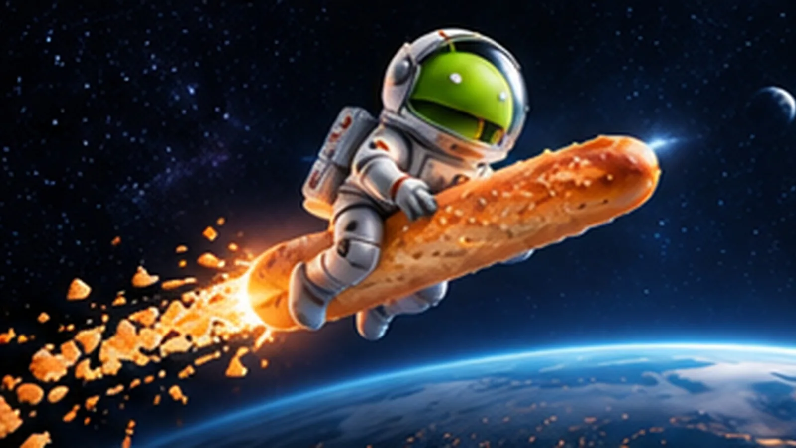 The Android robot in a space suit riding a breadstick like a rocket above the Earth, crumbs trailing behind