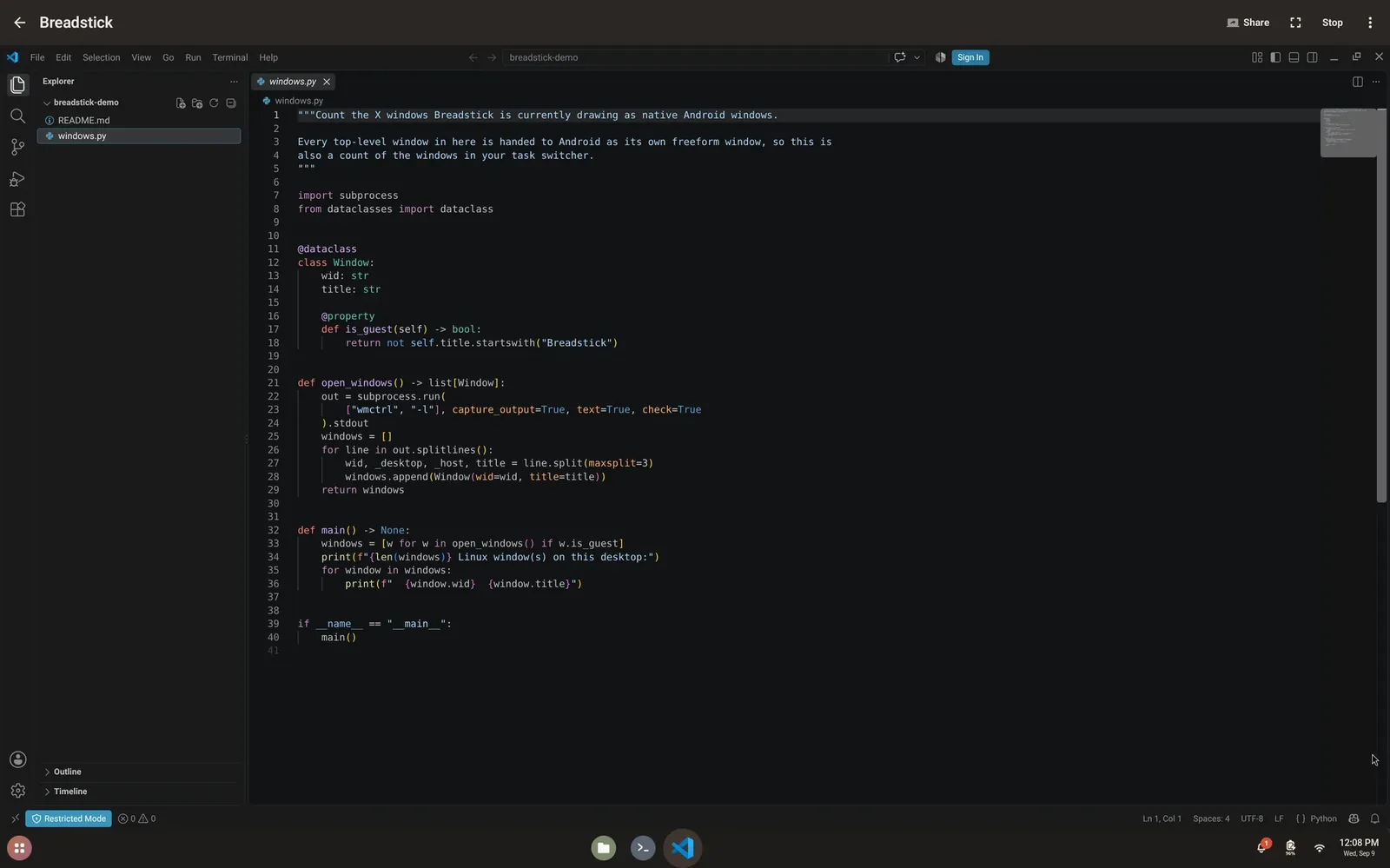 VS Code with a Python file open on Breadstick's Linux desktop on a Samsung tablet, with the Files, terminal and VS Code icons on the shelf below