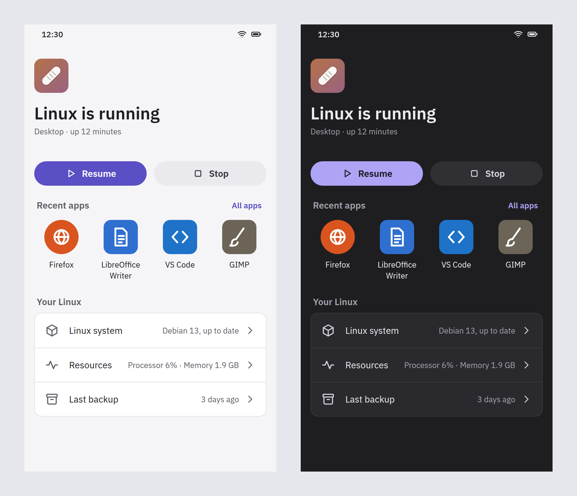 An early design of Breadstick's new Home screen on a phone, in light and dark mode side by side