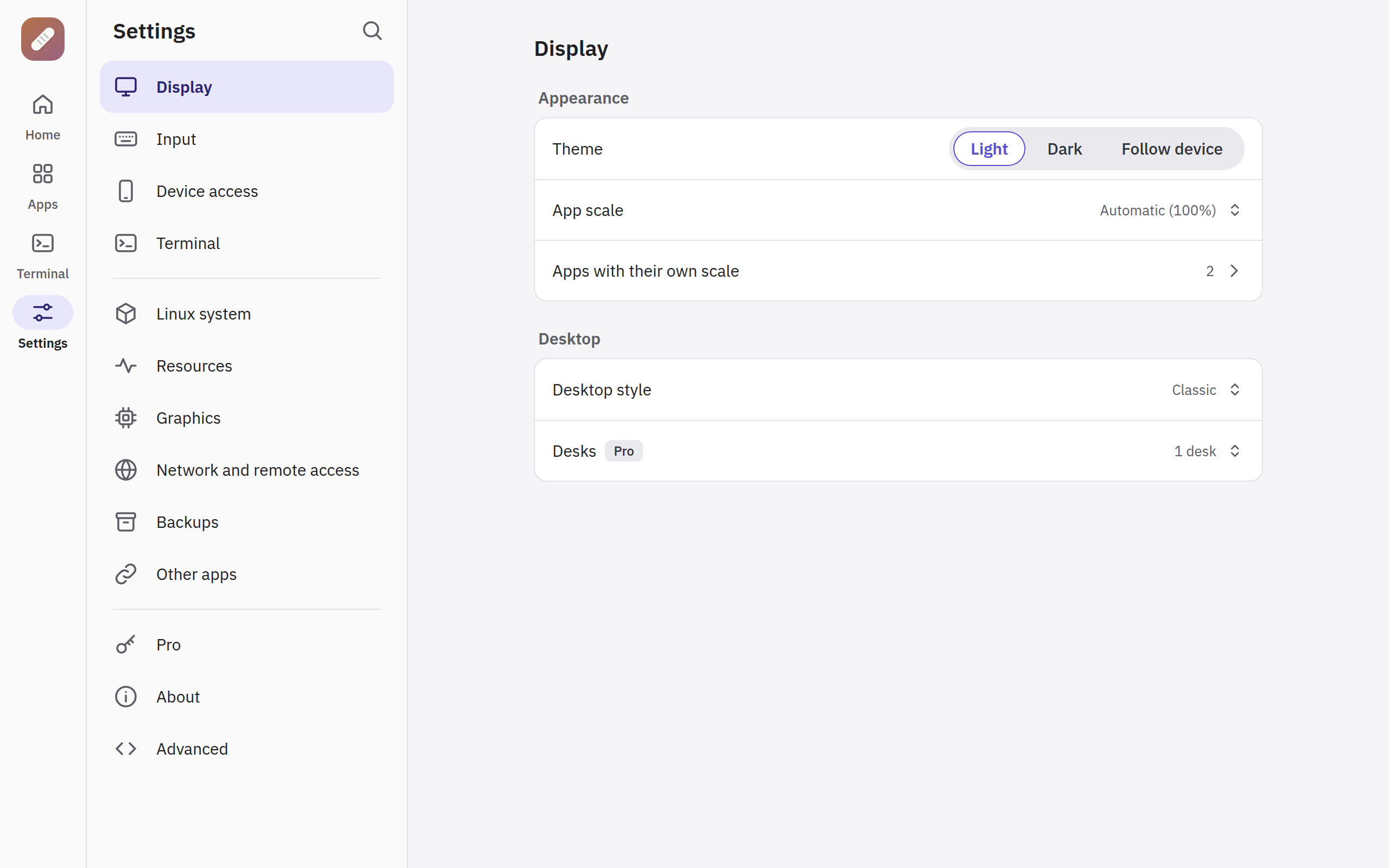 An early design of Breadstick 3.0's Settings on a wide screen, with the list of pages on the left and the Display page open