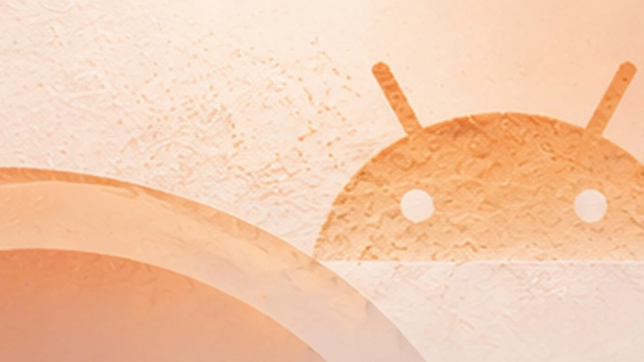 The Android robot's head pressed into a flour-dusted surface, on soft peach