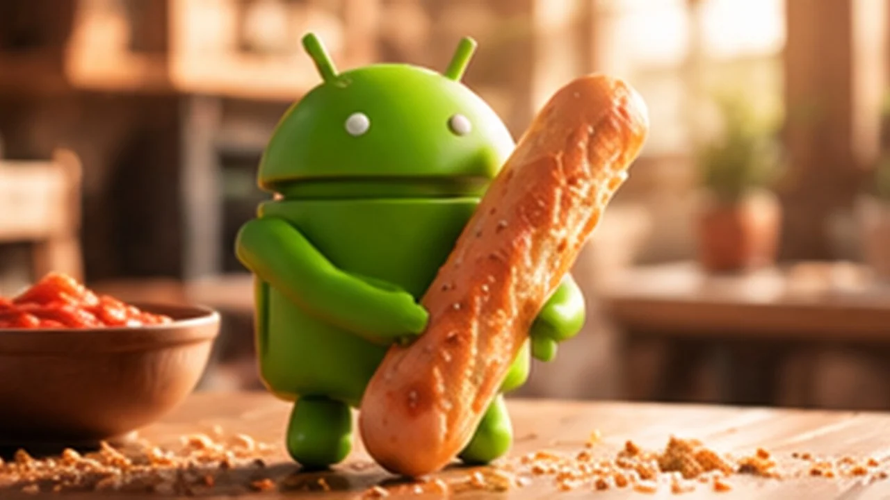 The green Android robot hugging a giant breadstick on a kitchen table, a bowl of marinara behind it