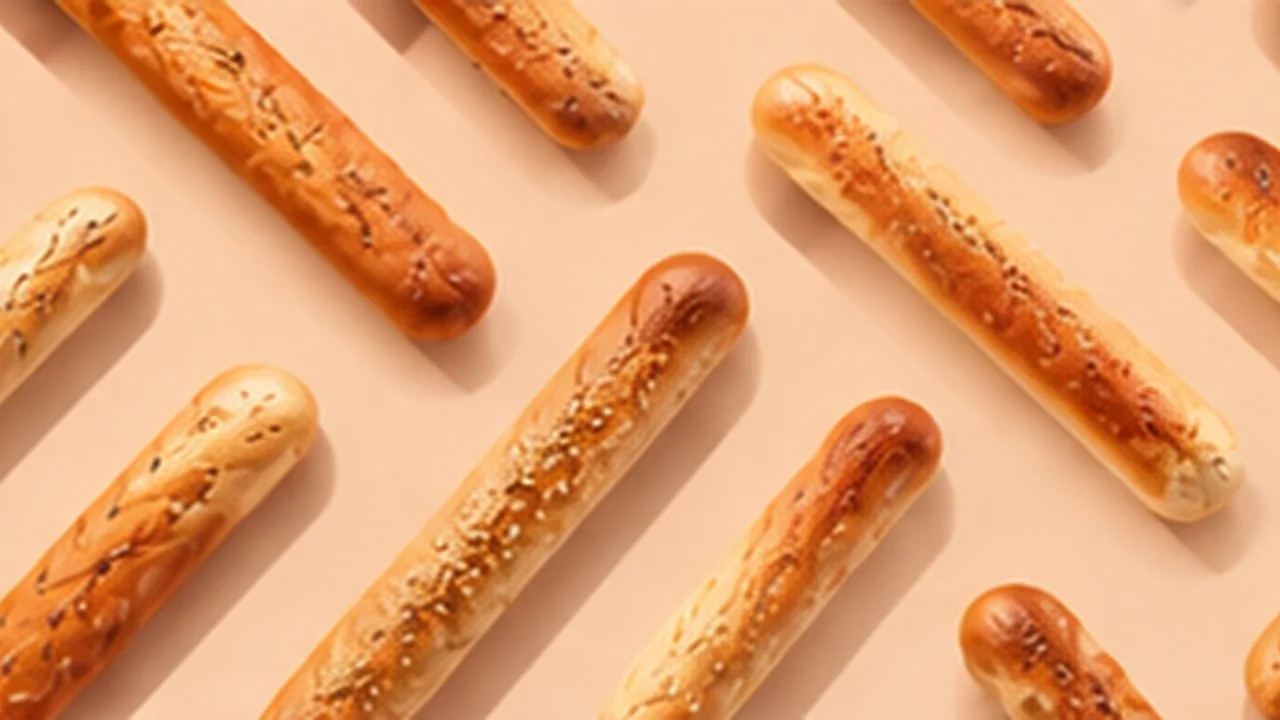 Golden breadsticks laid in diagonal rows on a peach background