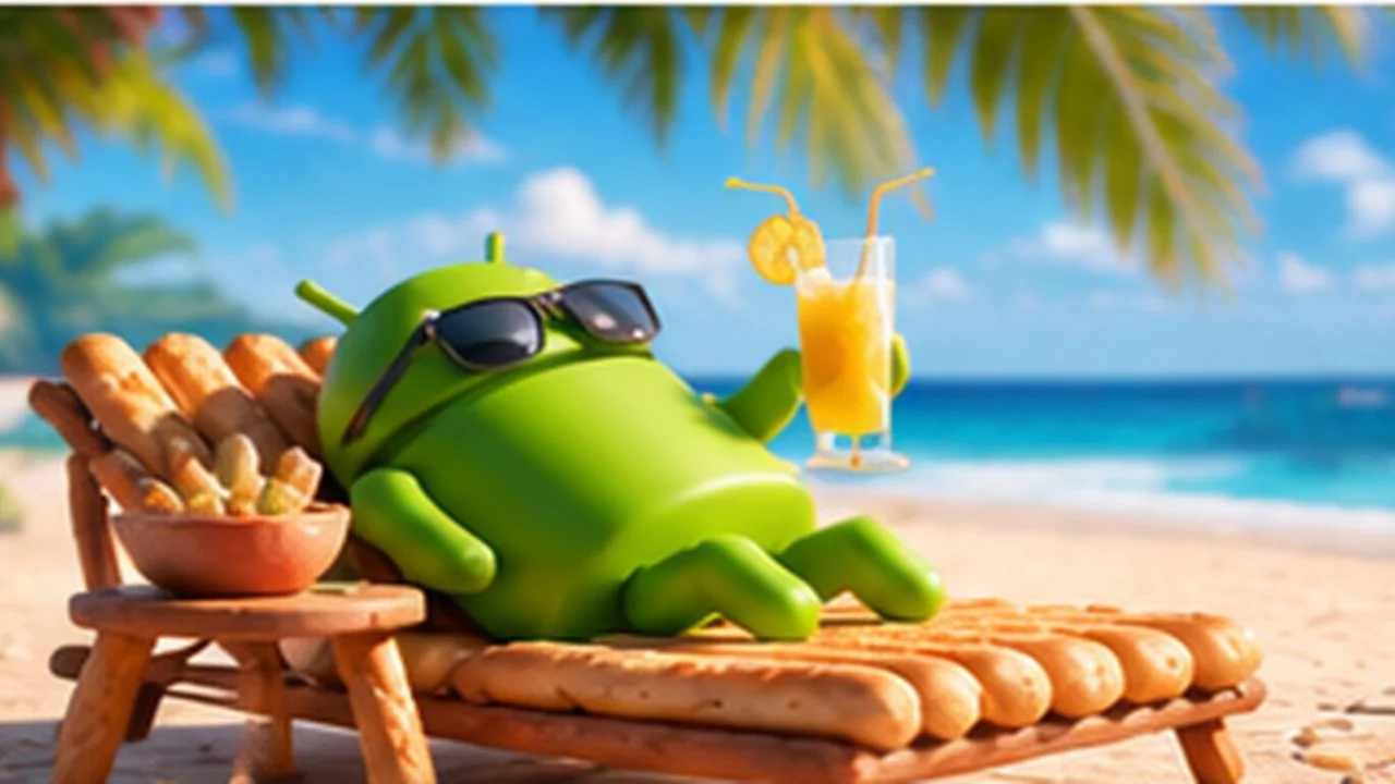 The Android robot in sunglasses on a breadstick deck chair on a tropical beach, a drink beside it