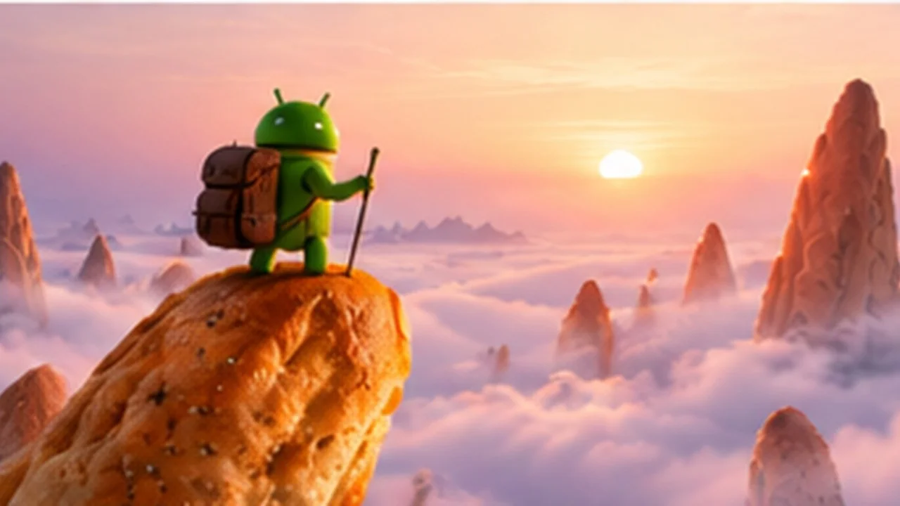 The Android robot with a backpack and walking stick on a breadstick peak above pink clouds at sunrise