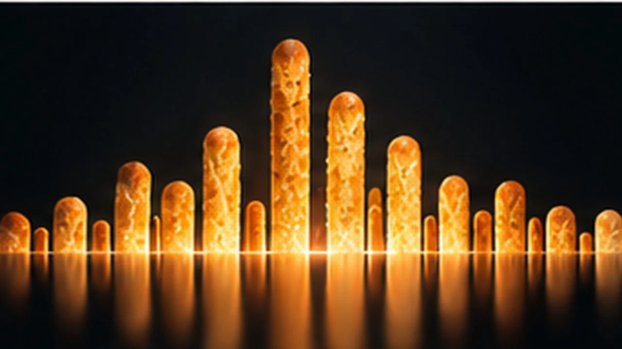Glowing breadsticks of different heights lined up like a music equalizer on black