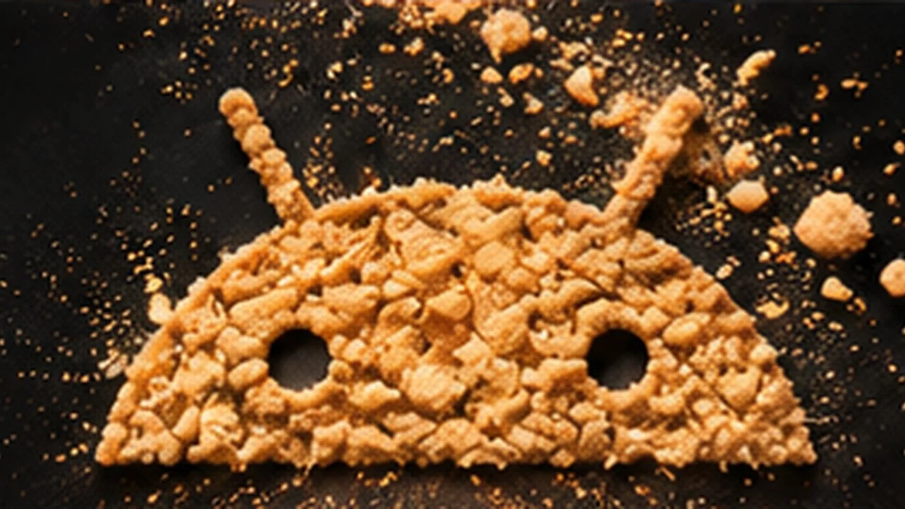 The Android robot's head made of golden crumbs on a black surface