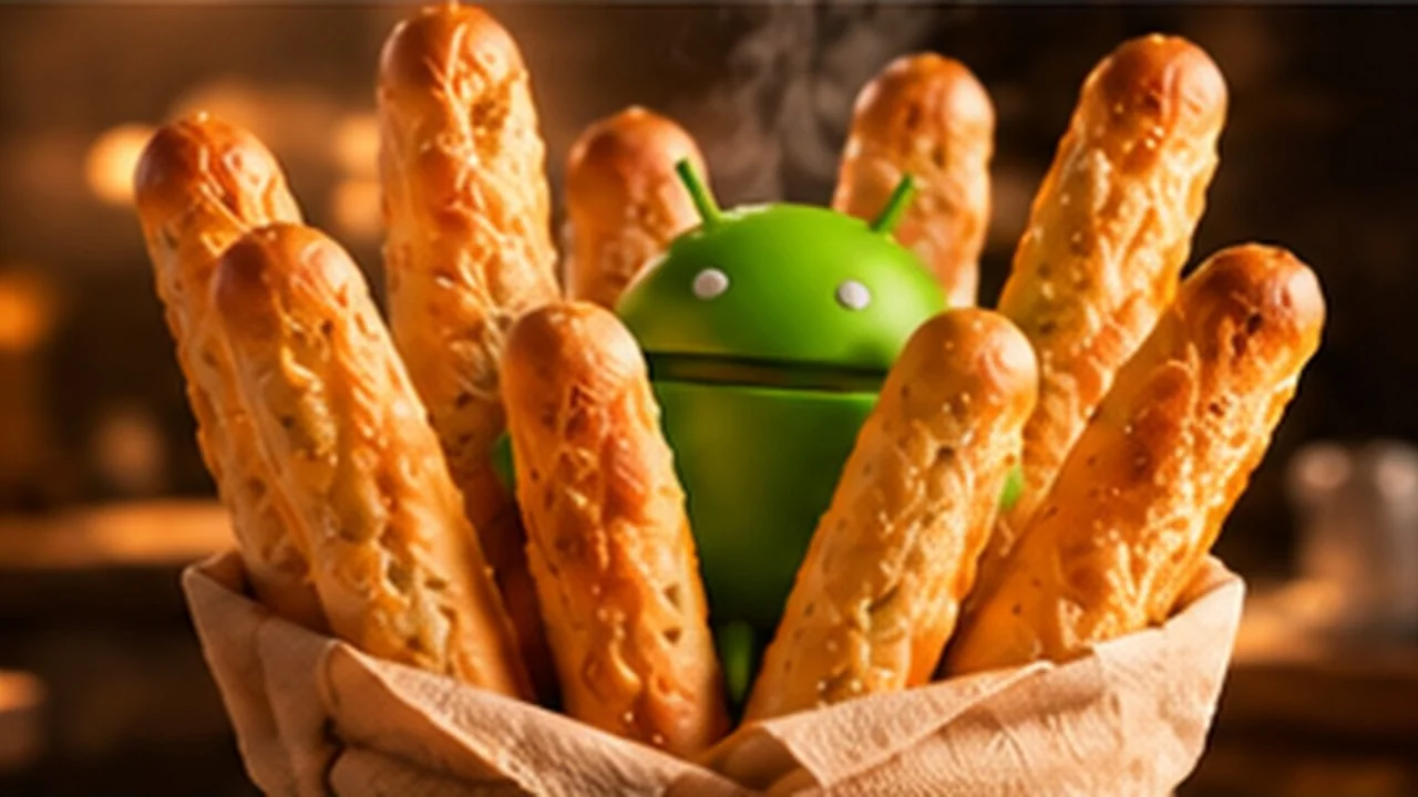 The Android robot peeking out of a paper basket full of breadsticks