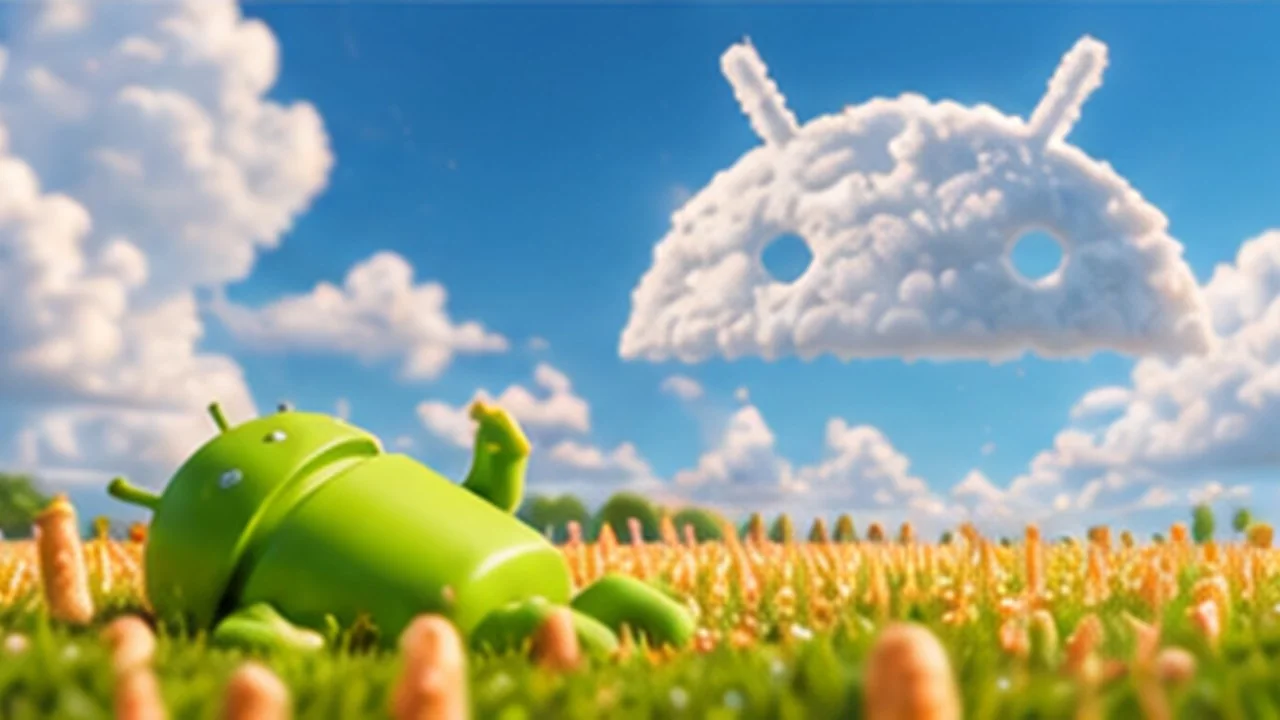 A cloud shaped like the Android robot's head over a field of breadsticks, with the robot lying in the grass