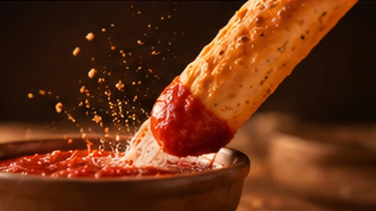 A breadstick dipped into a bowl of marinara with a splash and flying crumbs