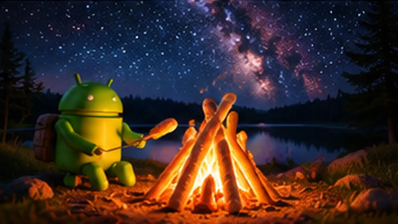 The Android robot toasting a breadstick over a campfire of breadsticks by a lake under the Milky Way