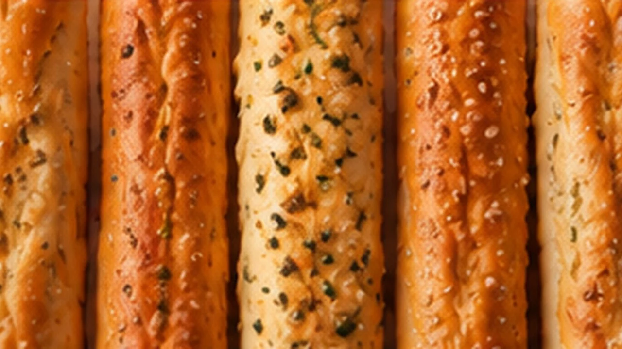 A close-up of golden breadsticks topped with herbs and cheese
