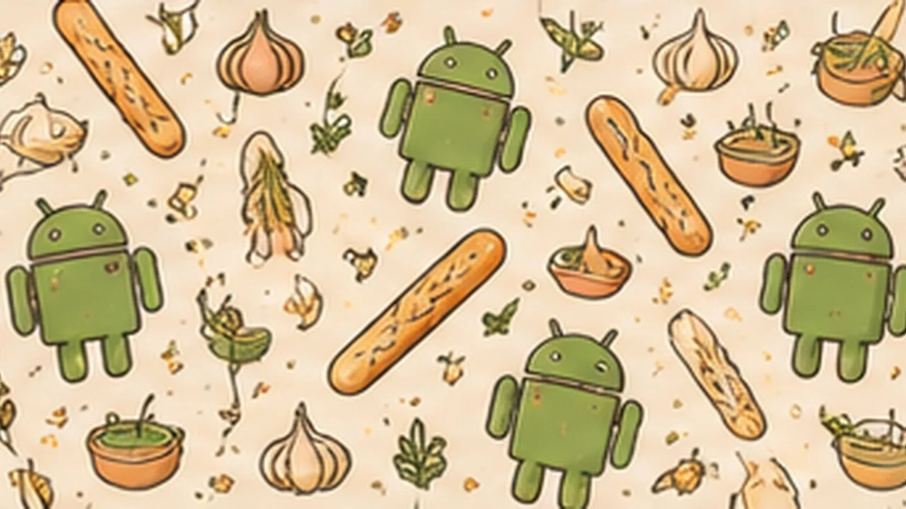 A hand-drawn pattern of Android robots, breadsticks, garlic and bowls of sauce on cream