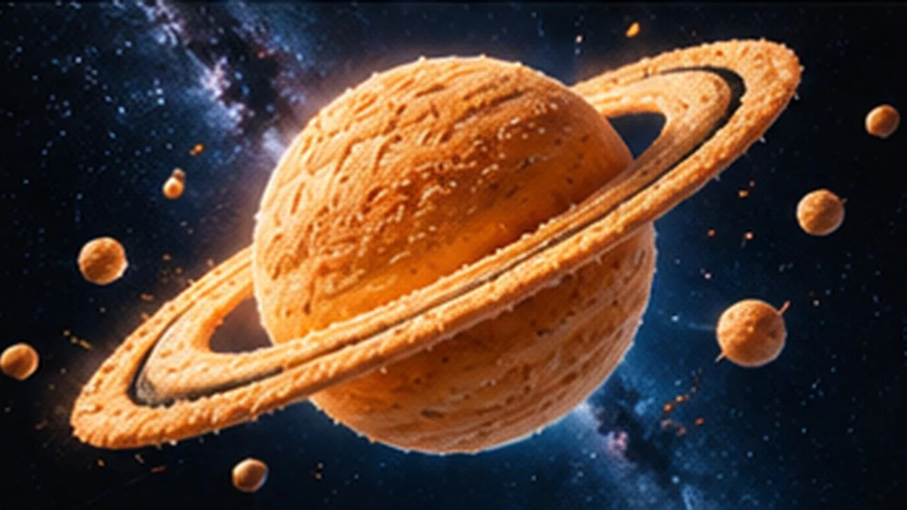 A planet made of bread with a breadstick ring, among crumb moons in a starry sky