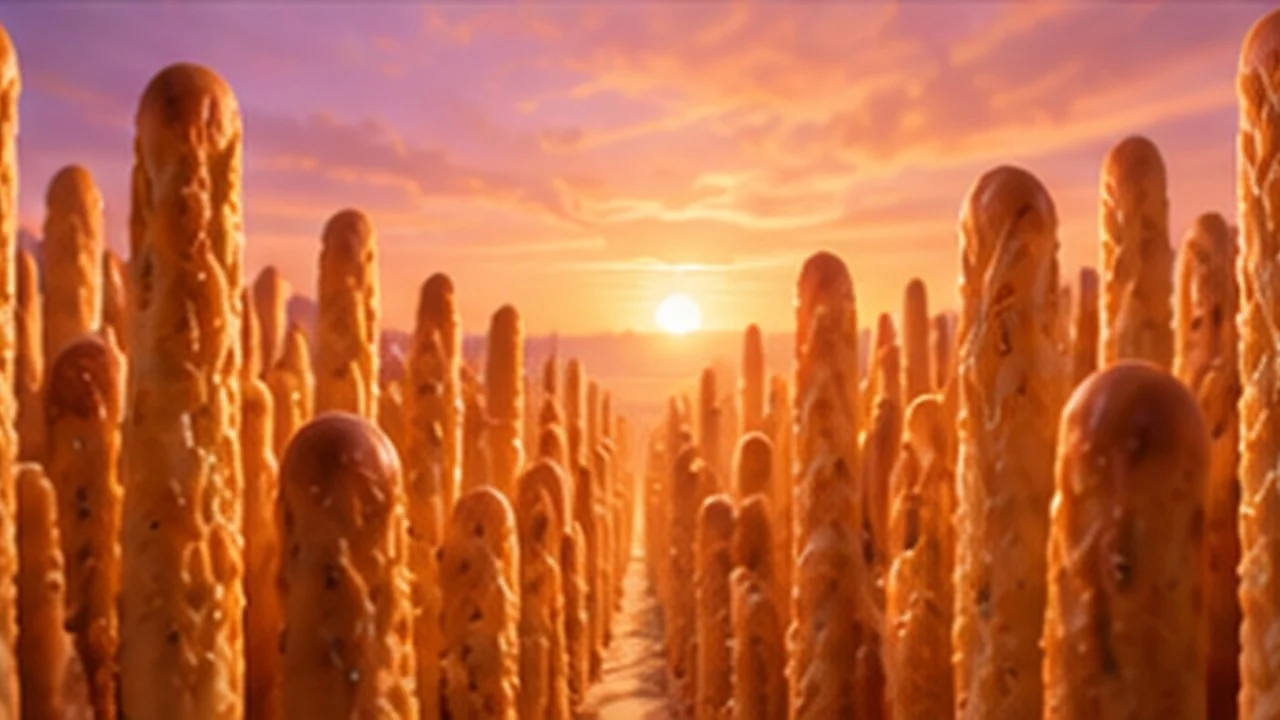 A canyon of towering breadsticks with the sun setting at the far end