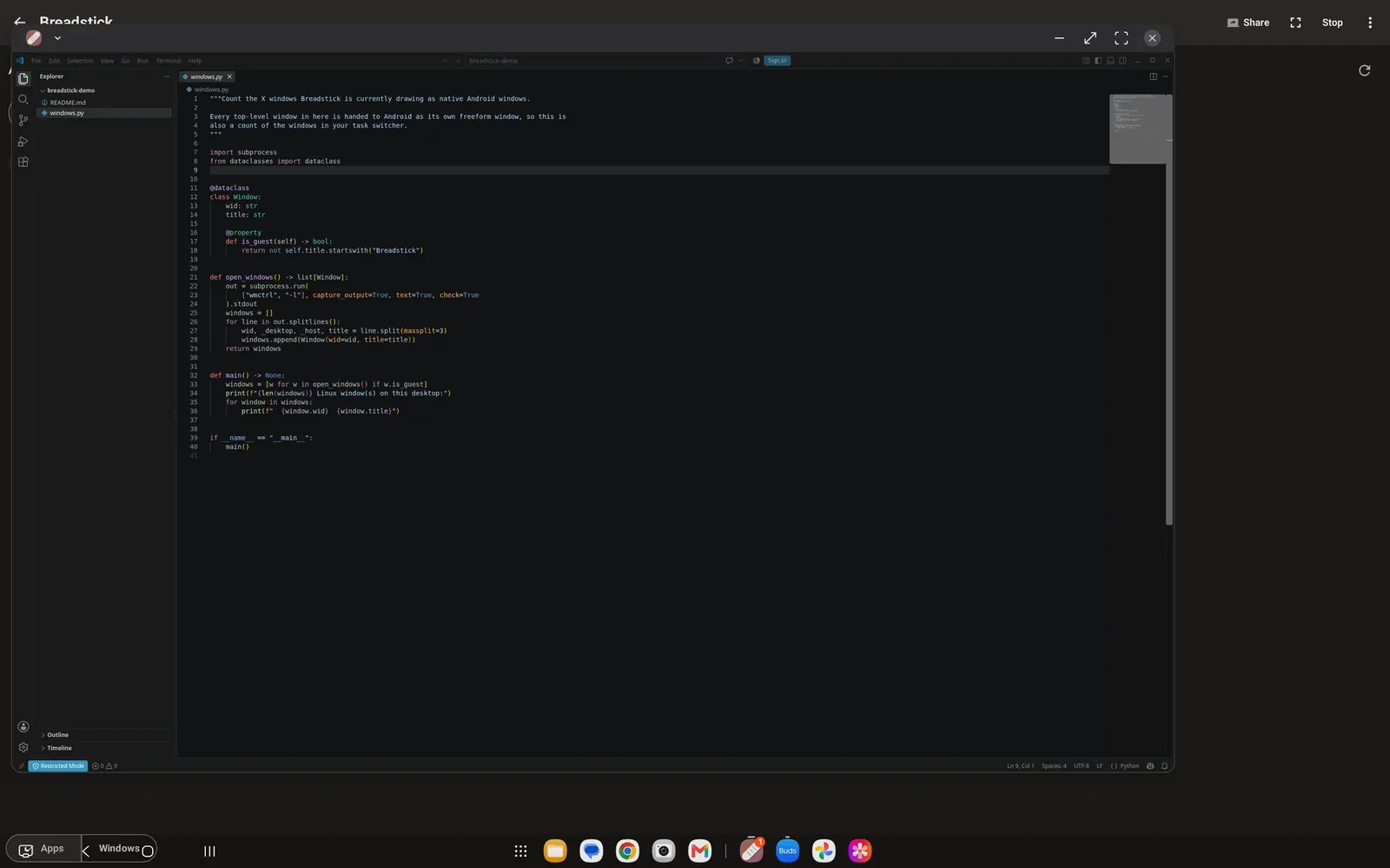 VS Code running in its own window on a Samsung tablet in DeX, opened from Breadstick