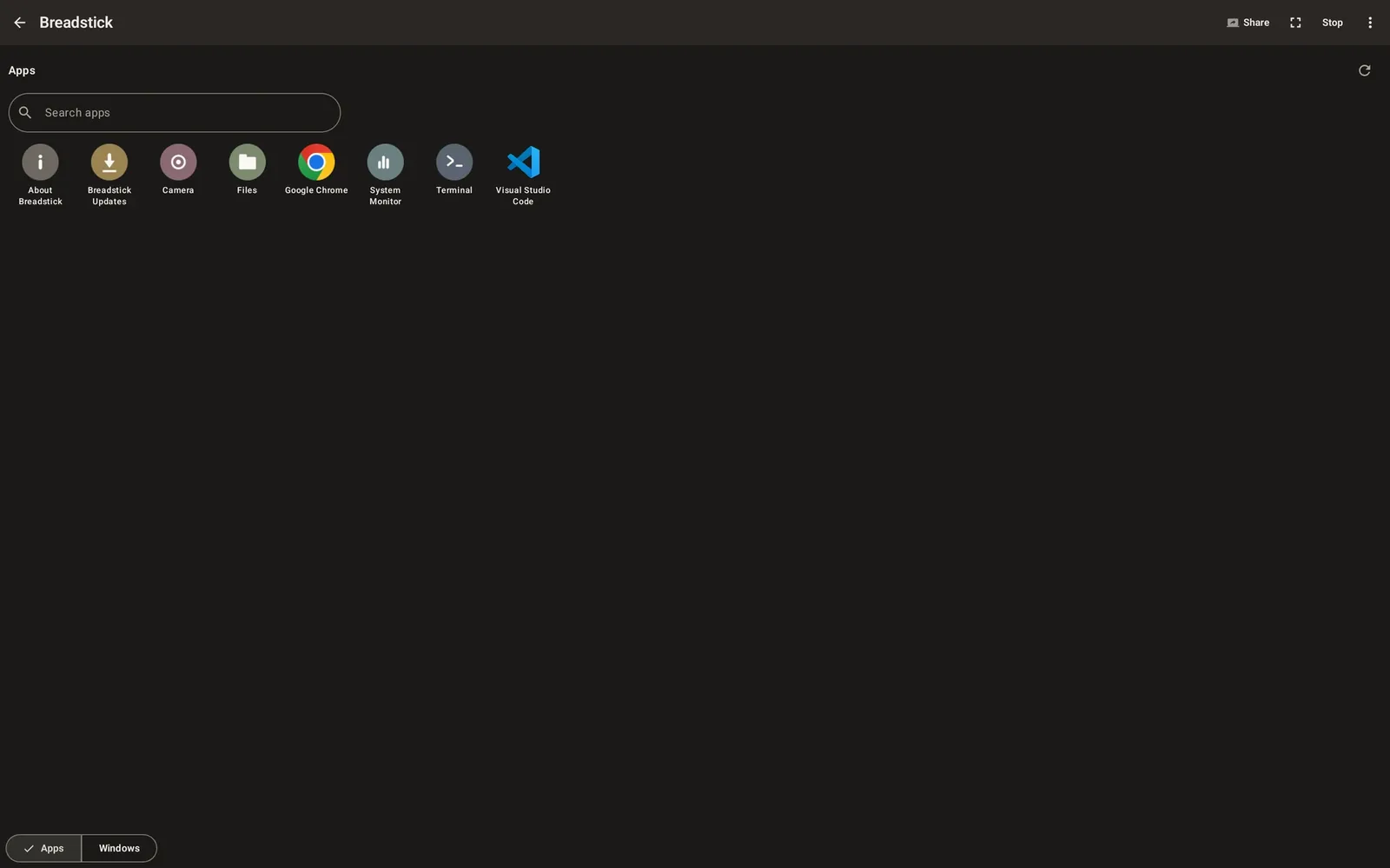 Breadstick's Apps drawer with icons for About Breadstick, Breadstick Updates, Camera, Files, Google Chrome, System Monitor, Terminal and Visual Studio Code
