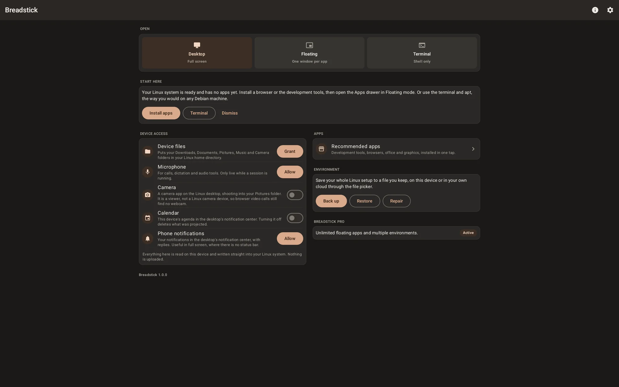 The Breadstick home screen