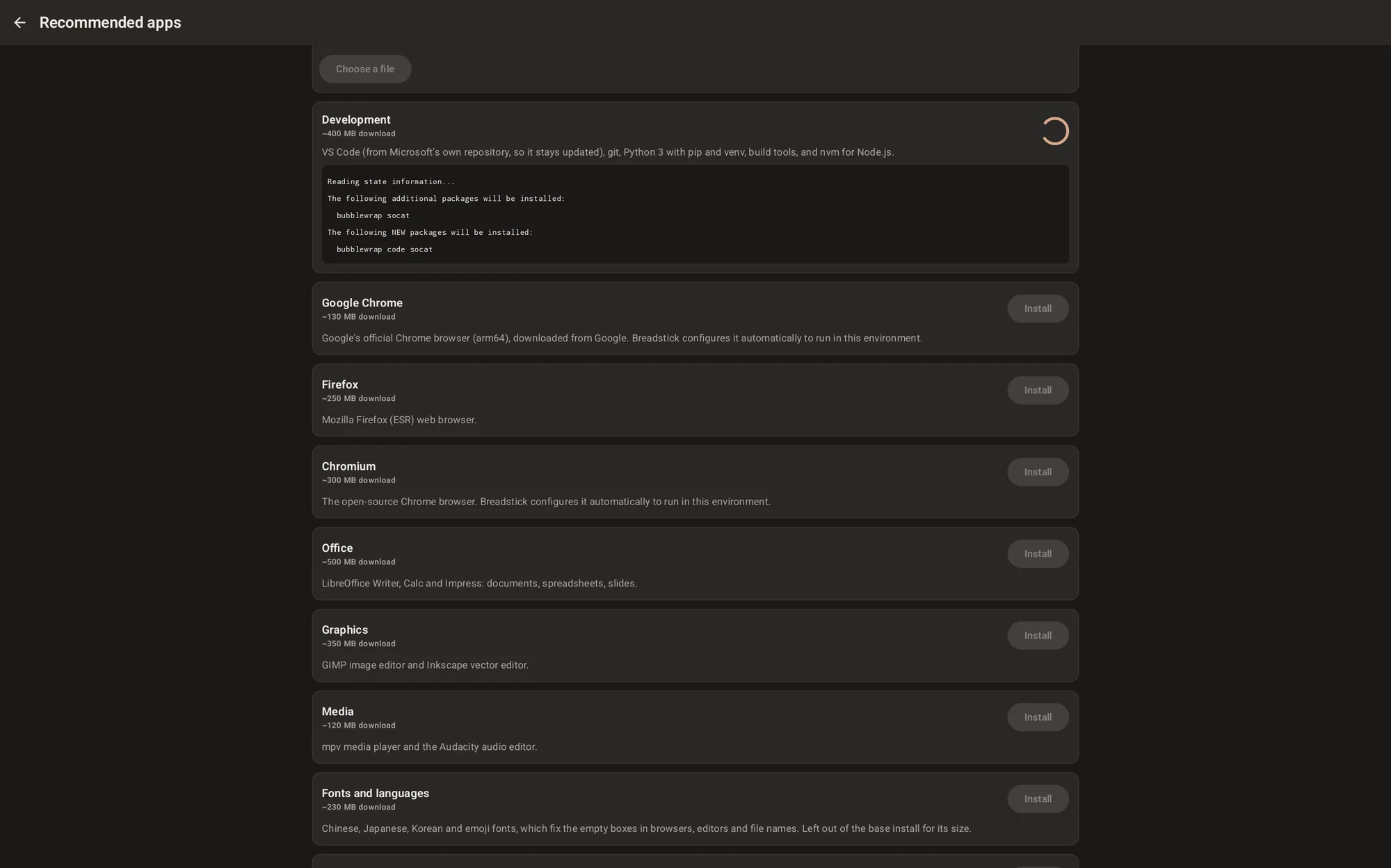 An app bundle installing, showing live apt output