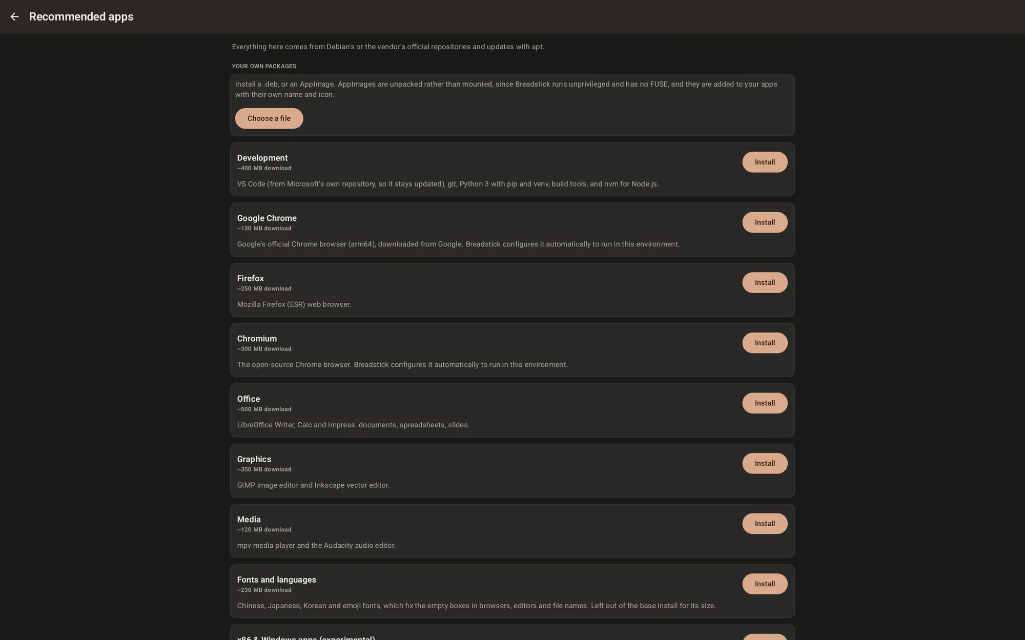 The Recommended apps screen listing app bundles with download sizes