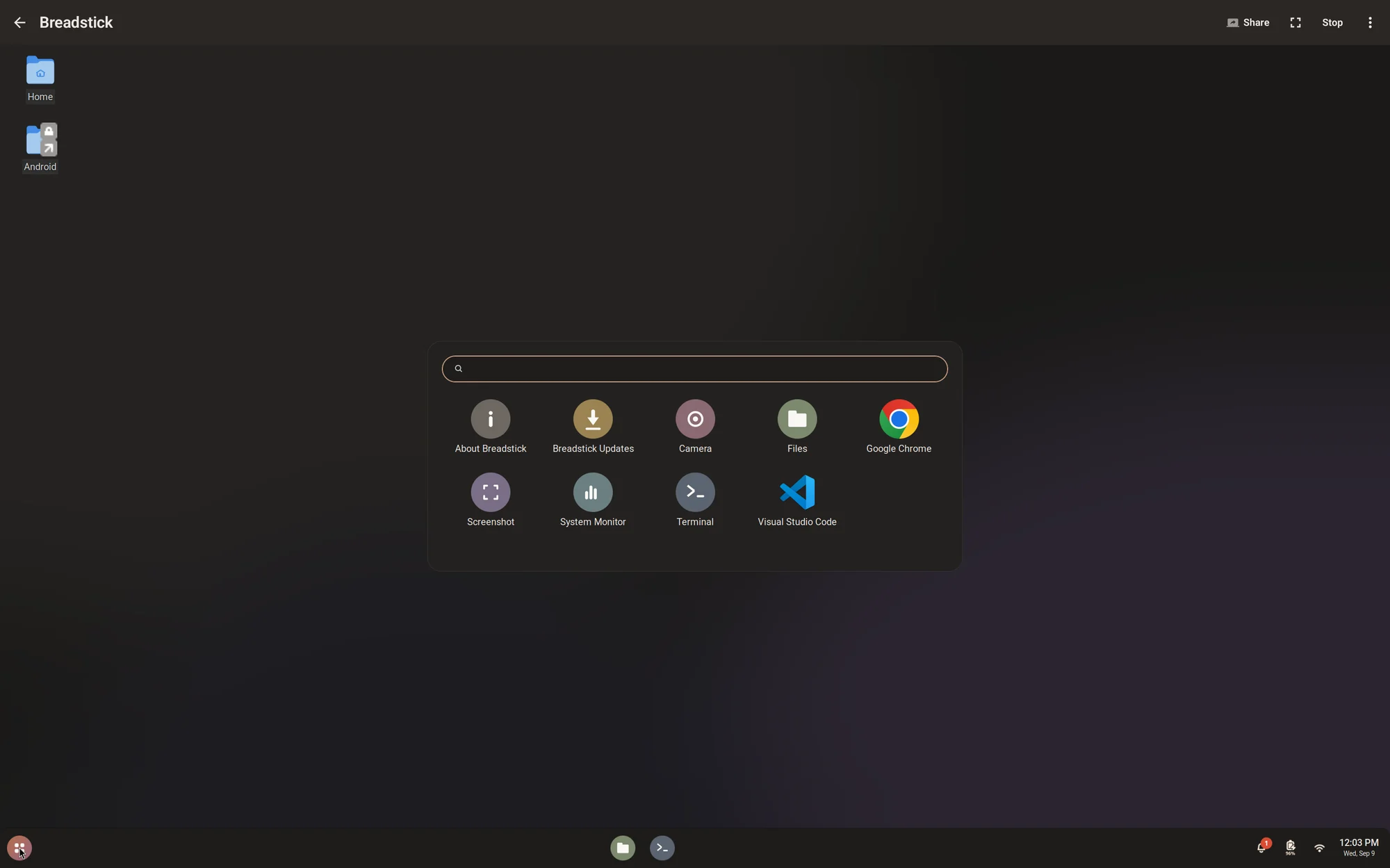 The Breadstick desktop launcher showing installed Linux applications