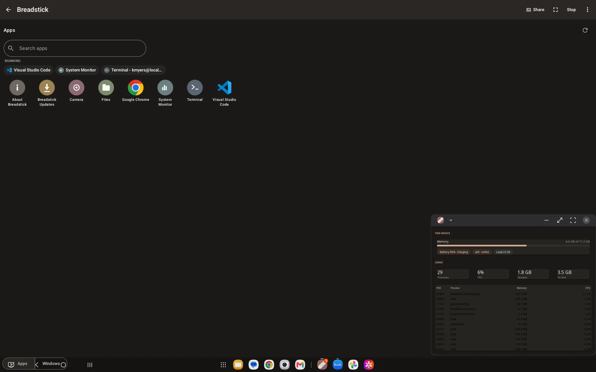 The System Monitor application floating beside the Apps drawer