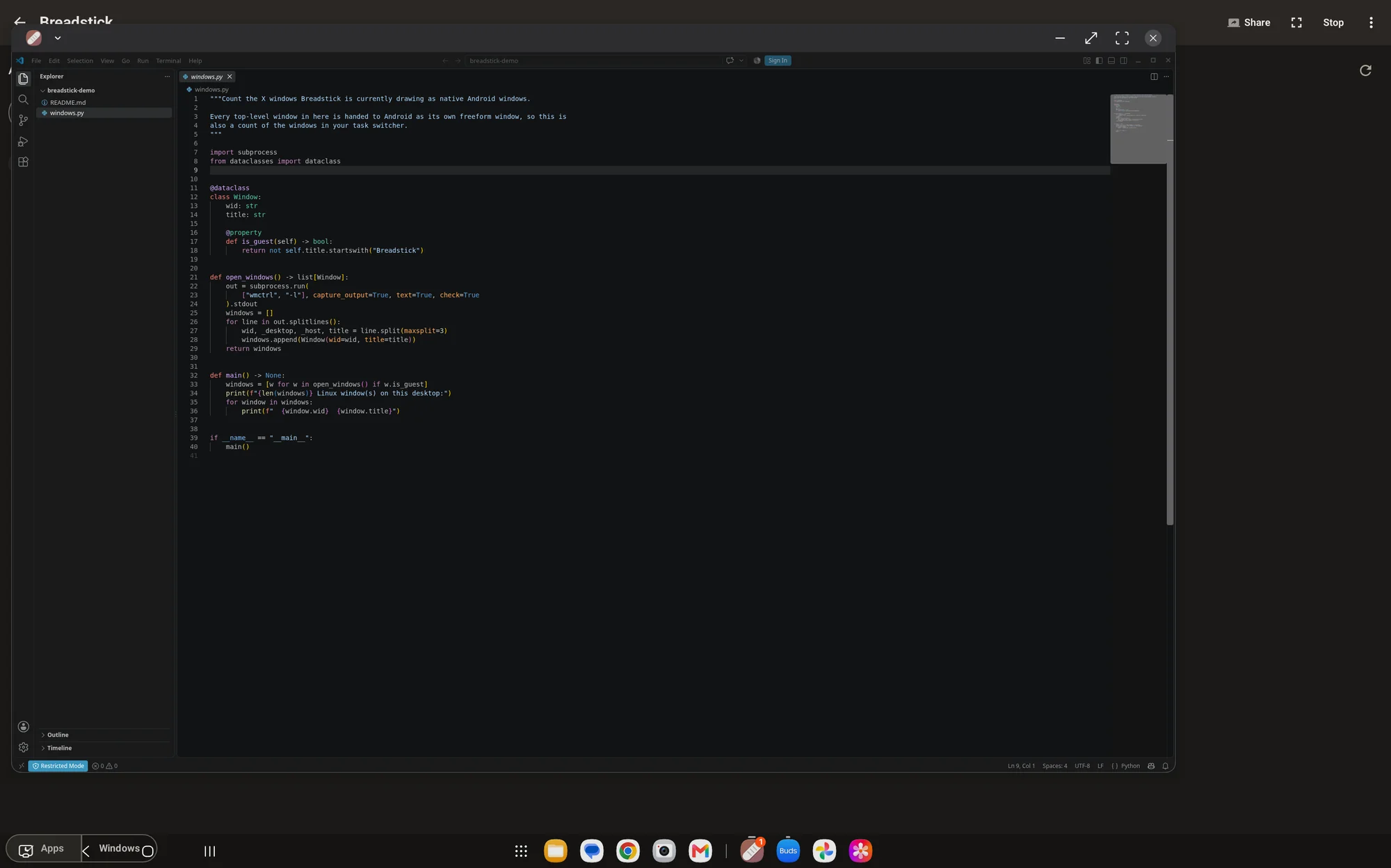 VS Code running as a native Android freeform window
